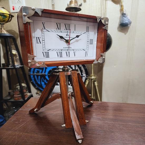 Handmade Antique Style Wooden Clock with Wooden Tripod 38.1 Cm