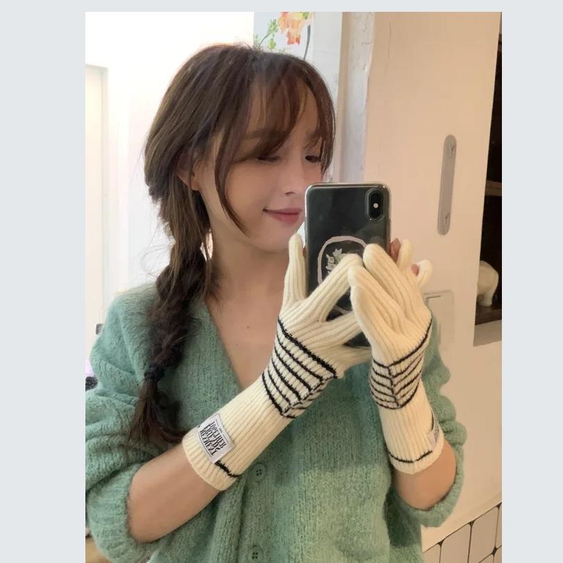Striped Lengthen and Thicken Solid Color Gloves Cute Simple Long Warm Gloves Touch Screen Cycling Warm Gloves