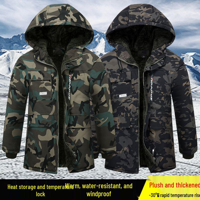 Camouflage Gefütterte Wasserdichte Baumwolljacke – Mittellang, Dick, Warm & Verschleißfest