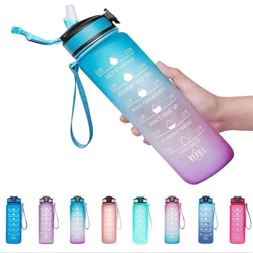 1L Sports Water Bottle With Straw Time Marker Gradient Color Motivational Bottle Leakproof Outdoor Student Drinking Water Cup