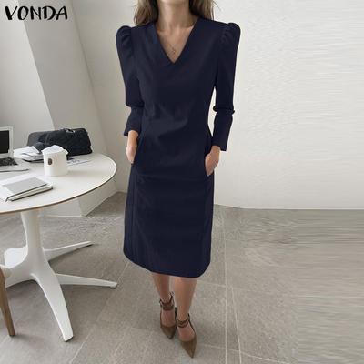 Elegant Women Casual V Neck Long Sleeve Midi Long Office Dress