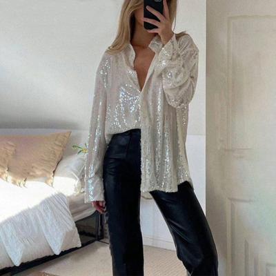Camisa de lentejuelas con botones para mujer, blusa brillante de manga larga con solapa, corte holgado e informal para mujer