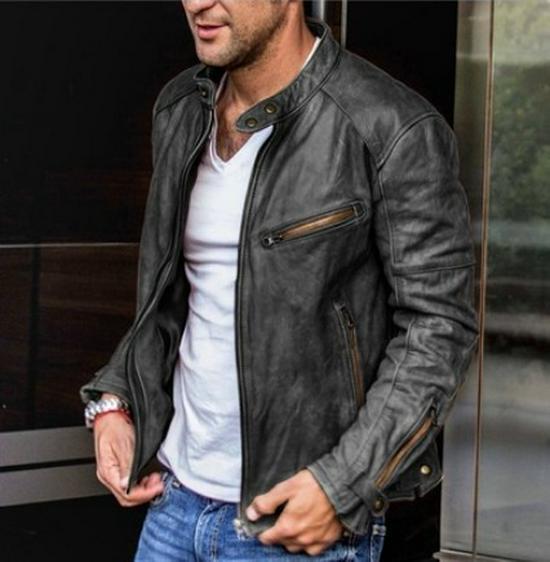 European & American Men's PU Leather Stand Collar Motorcycle Jacket - Autumn/Winter Punk Style