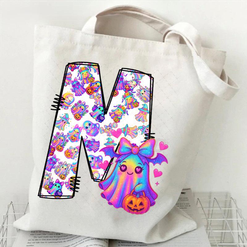 Halloween Alphabet Canvas Bag Going Out Portable Handbag Women's Large Capacity Casual Shoulder Crossbody Bag