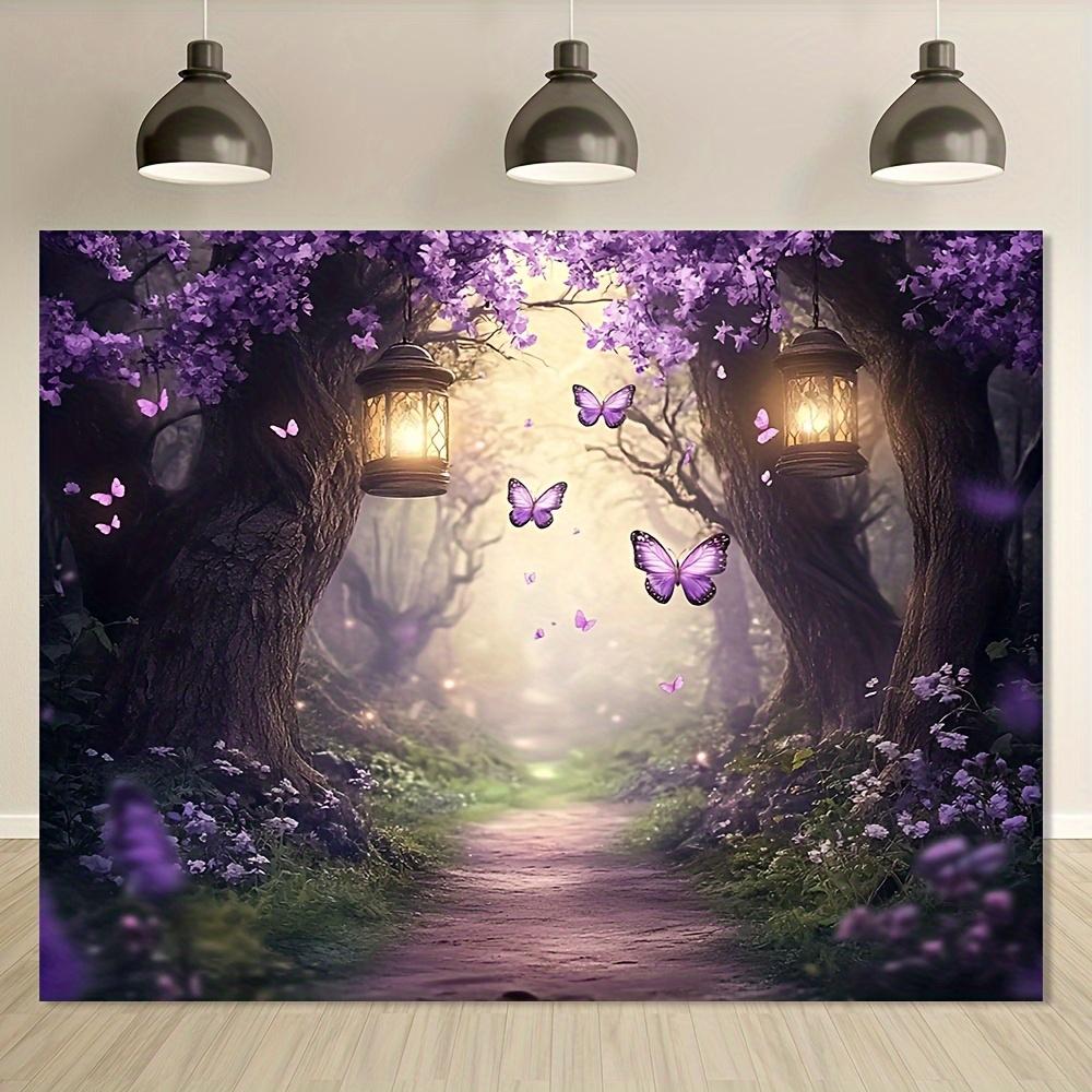 Enchanted Purple Flower Forest Path with Butterflies Wall Tapestry 2D Flat Print Fantasy Art Nature Decor Boho Style Home