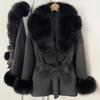 Cappotto di Lana da Donna con Ampio Collo in Pelliccia di Volpe, Lunghezza Media, Cintura in Vita, Ispessito per Autunno e Inverno