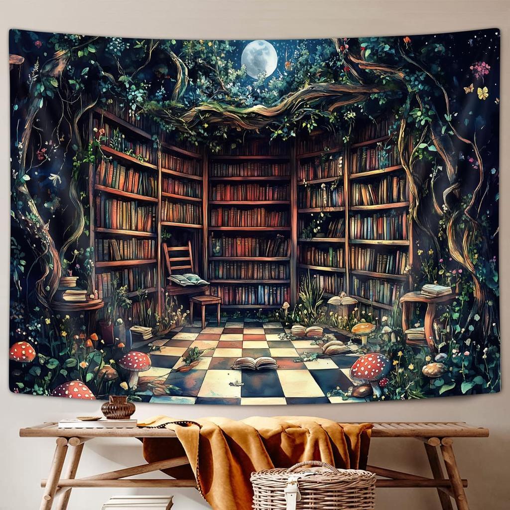 Magischer Wald Wandteppich Märchenbaum Magisches Bücherregal Ästhetische Wandteppiche für Klassenzimmer Hexenhafter Feenbaum Geheimnisvoll Vintage