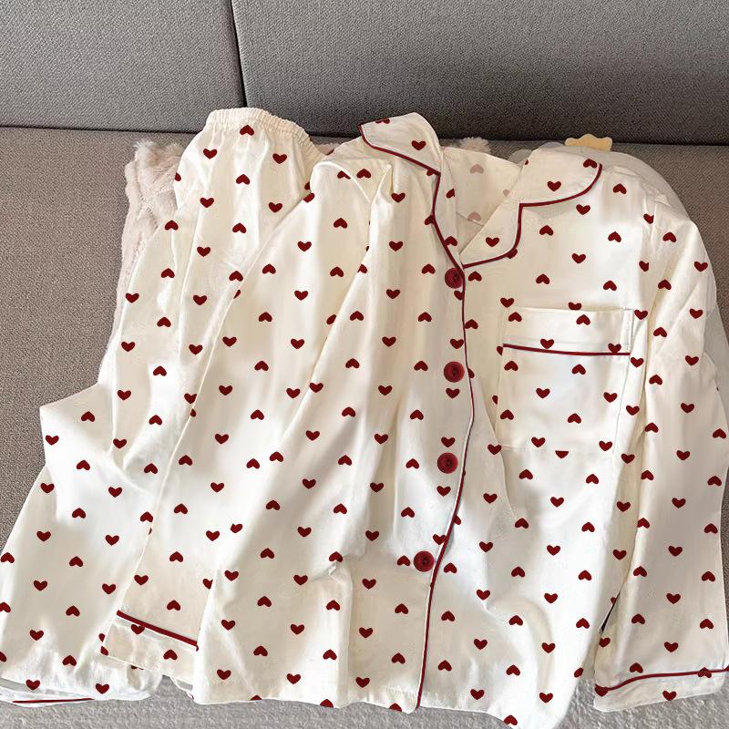 Jarní Podzimní Dámské Pyžamo Loungewear Set Dívka Láska Kardigan Pyžamo Zmačkaná Látka Loungewear Set s Dlouhým Rukávem