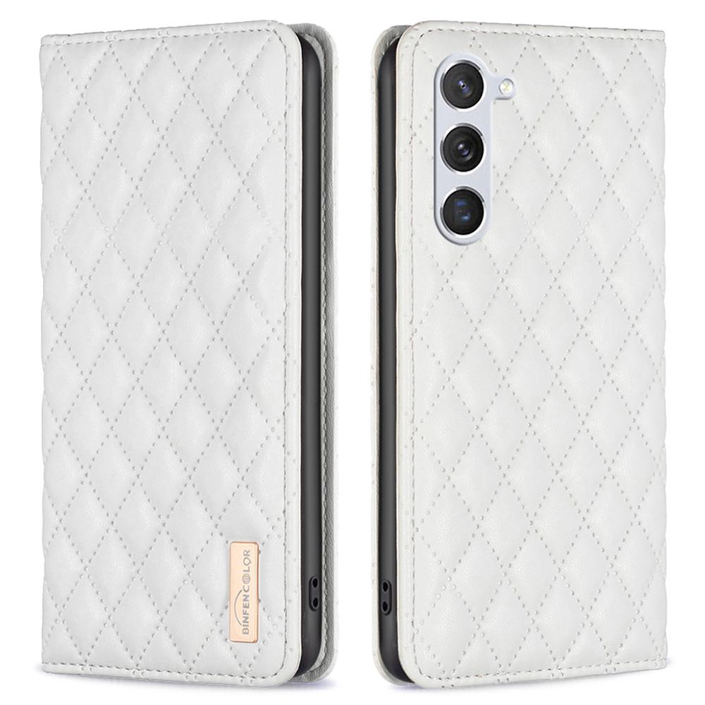 

BINFEN COLOR BF Style-16 For Samsung Galaxy S25/S24 Case PU Leather Rhombus Design Phone Cover White