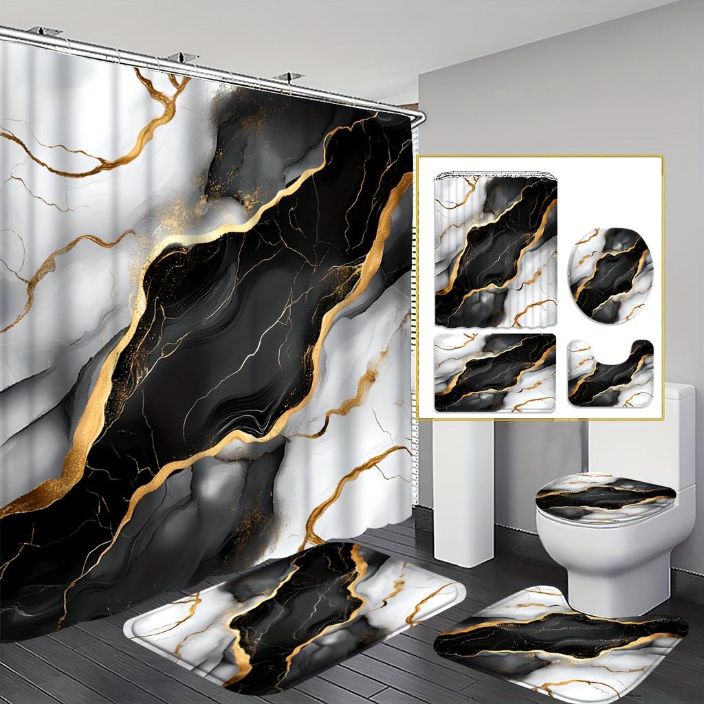 4Pcs UAXIEP Marble Art Shower Curtain Set with Non-Slip Bath Mat, Toilet Lid Cover, Contour Rug & 12 Hooks, Bathroom Decor