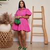 Women's Summer Fashion Solid Color Casual Loose Dress Puff Sleeve Button Doll Collar Skirt