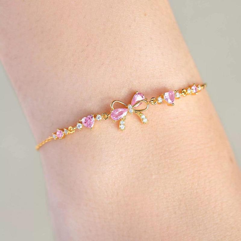 Shiny Pink Bow Heart Zircon Jewelry Set Necklace Bracelet for Women Trendy Y2K Style Accessory Gift for Teens