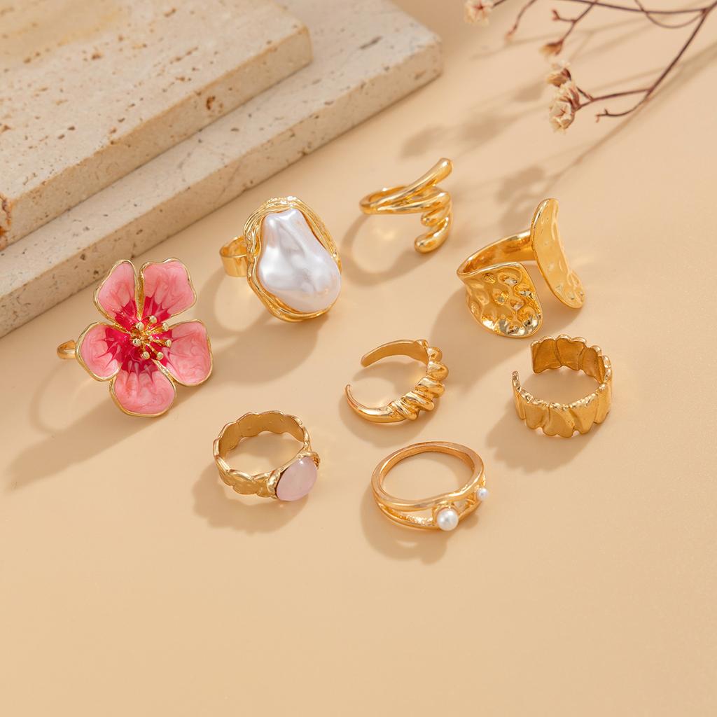 2026 Trendy Enamel Pink Flower Rings Set Twisted Chunky Metal Baroque Pearl Rings for Women Girls Aesthetic Y2K Accessories