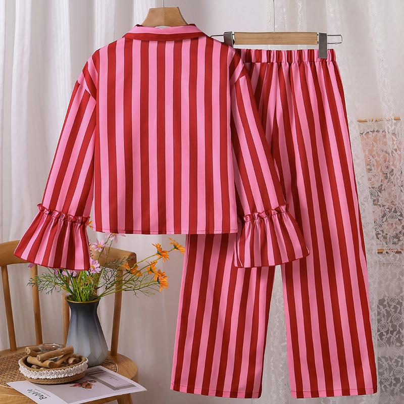Girls' Casual Set: Fall Children's Bell-Sleeve Lace Blouse and Striped Pants Two-Piece Set