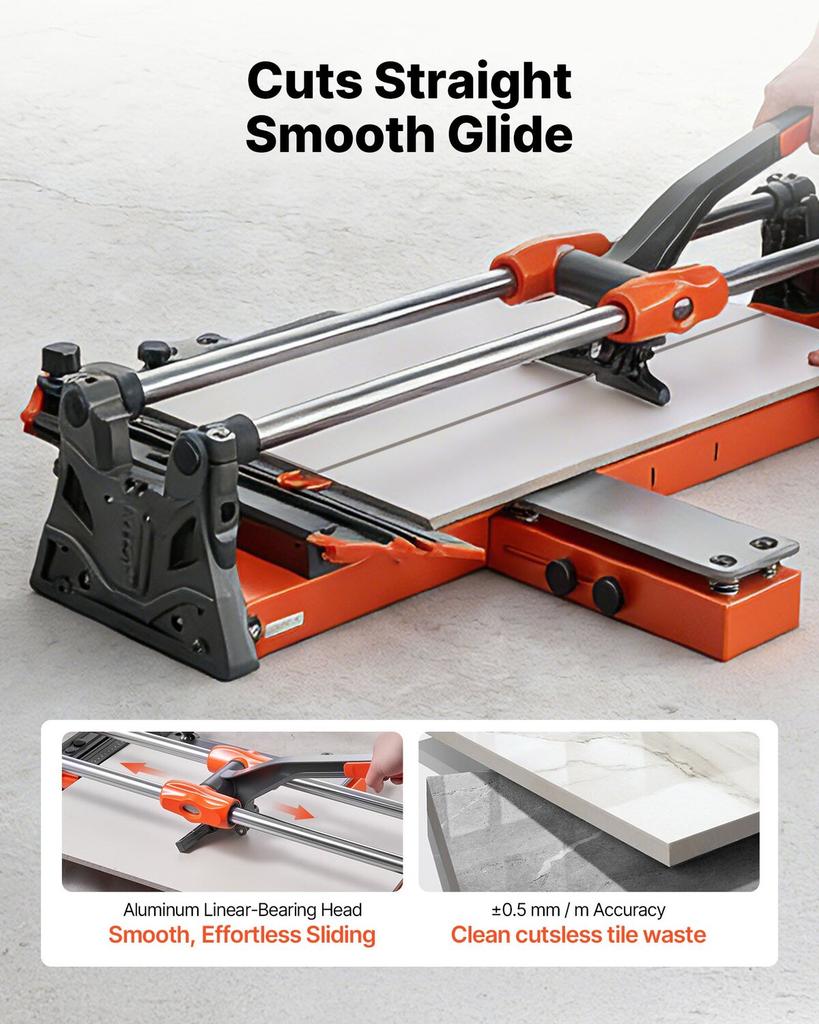600 mm Manual Tile Cutter, Upgraded Sliding Head Cutting Tool with Spring-Loaded Base, Angle Fence, Tungsten Carbide Cutting Wheel, Alignment Guide,