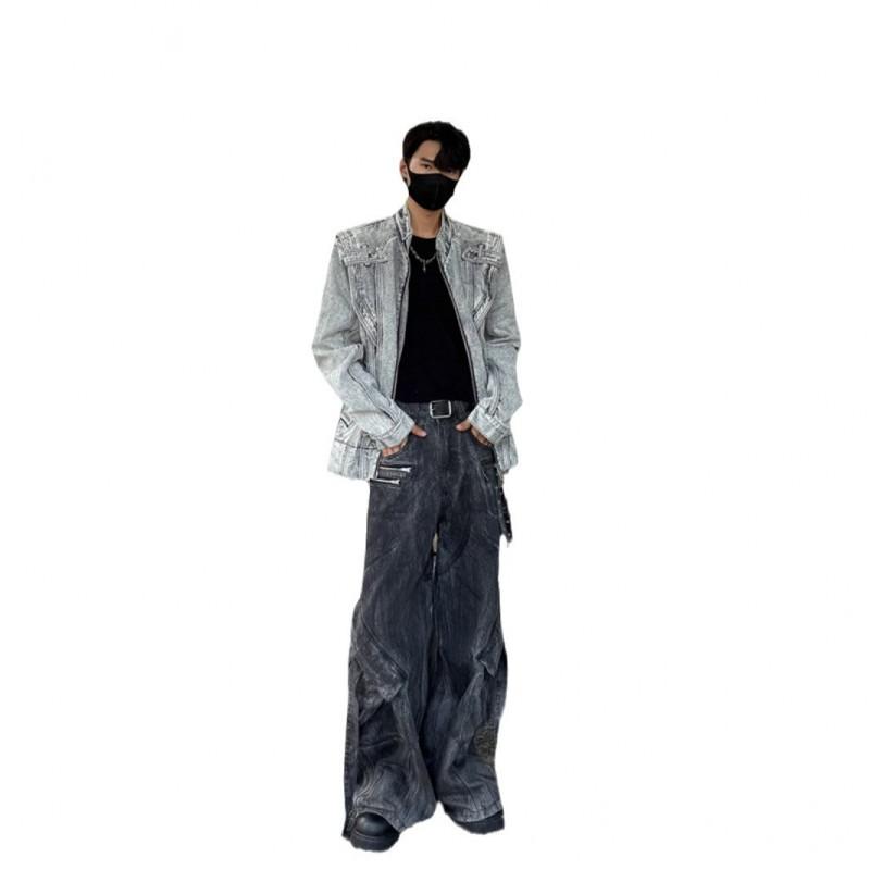 Mens Denim Jacket Heavy Stitching Design Retro Streetwear Loose Fit Stand Collar Casual Outerwear
