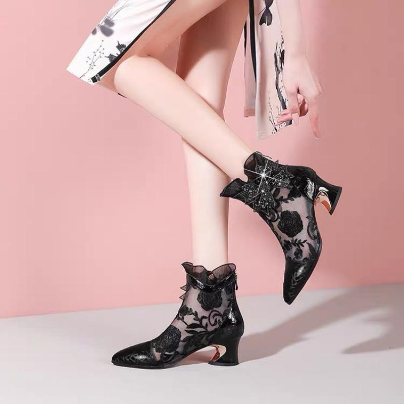 Fashion 2025 Plus Size Women's Fashion Boots Lace Embroidery Ankle Sandal Boots Crystal Bow Tie Back Zip Stylish Retro Summer Footwear