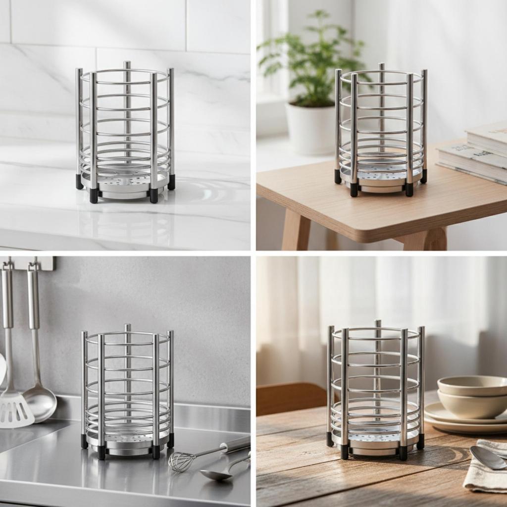 Utensil Holder with Drainage Tray Ventilated Chopsticks Organizer Silver