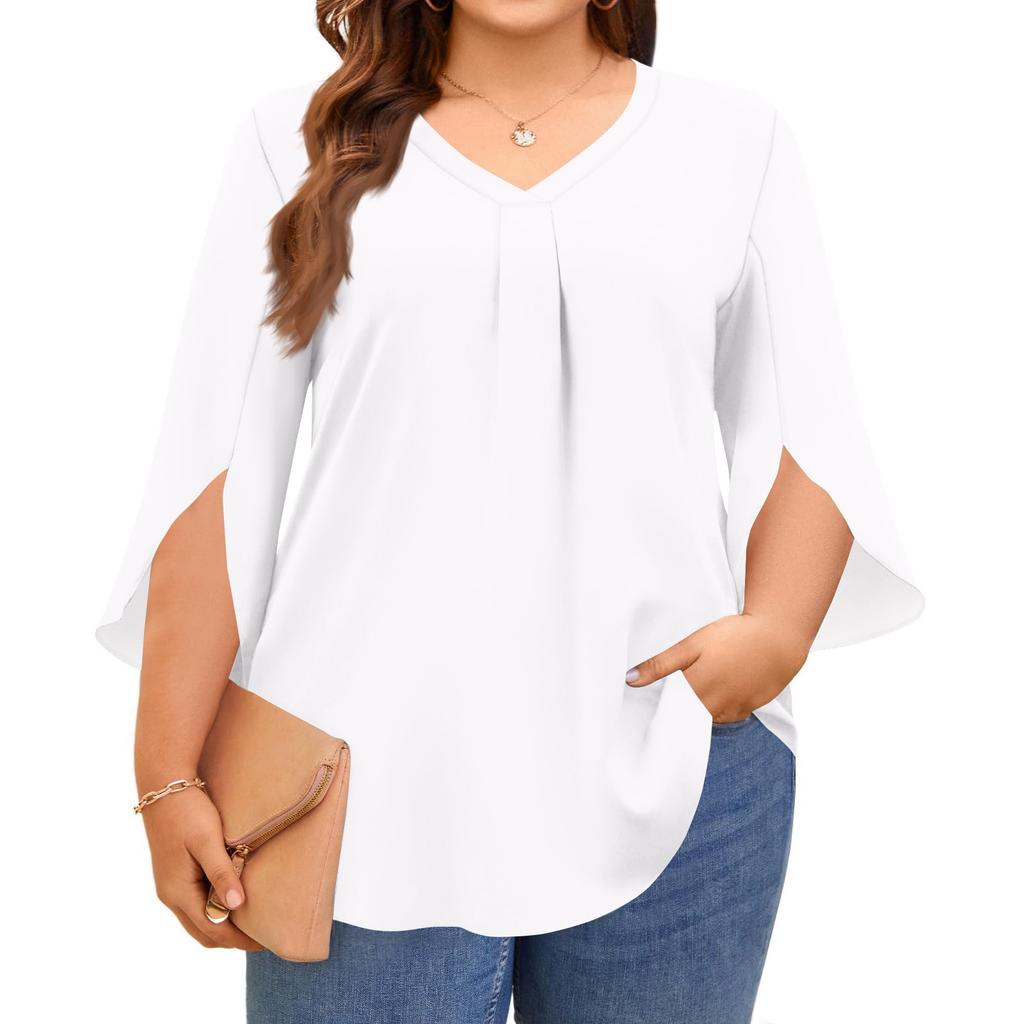Women's Solid Color V-neck Plus Size Tops 3/4 Sleeves Elegant Shirt Tops