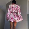 European and American Print Jumpsuit Women High Sense Drape V-neck Lace-up Waist Hugging Long sleeve Jumpsuit Shorts