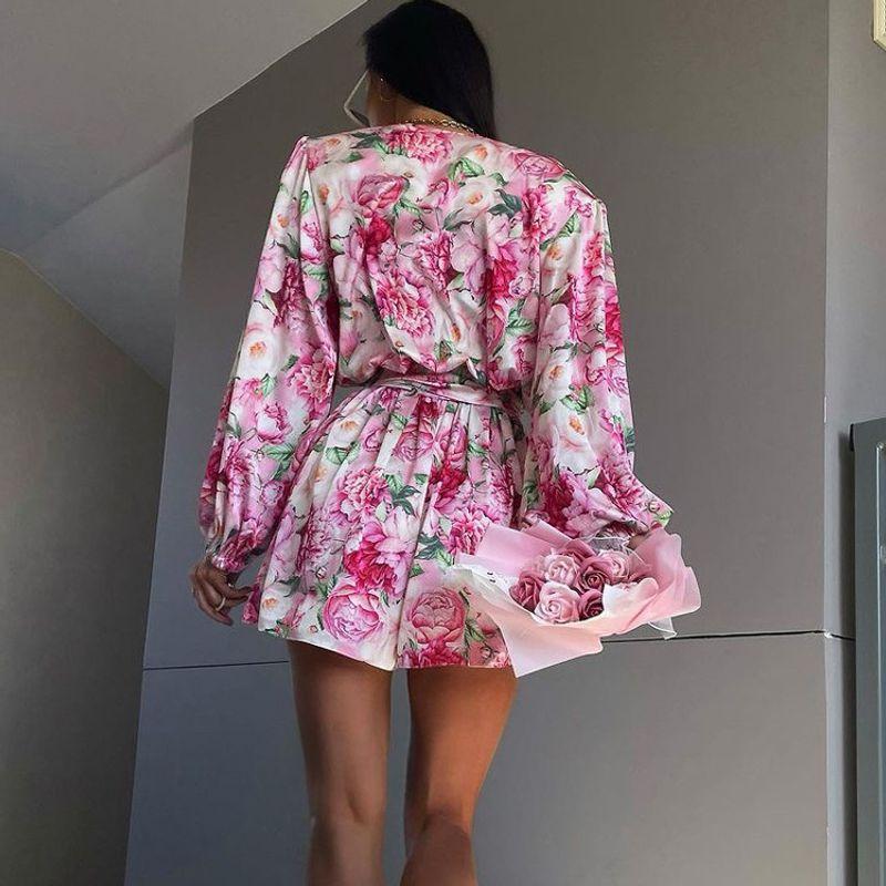 European and American Print Jumpsuit Women High Sense Drape V-neck Lace-up Waist Hugging Long sleeve Jumpsuit Shorts