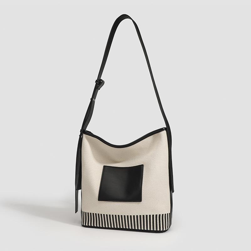 Small Canvas Splicing Large Capacity Bucket Bag Wide Shoulder Strap Fashion All-in-one Striped Shoulder Bag