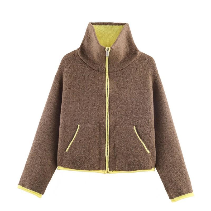 Knitted Bomber Jacket Color Block Casual Cardigan Stand Collar Zip Up Loose Fit Men Women