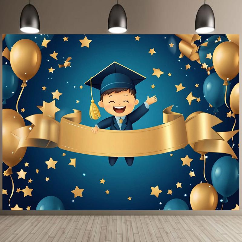 Happy Graduation Ceremony Flag - Polyester with cap and graduation certificate design golden ribbon and stars (as the picture,100x150cm)