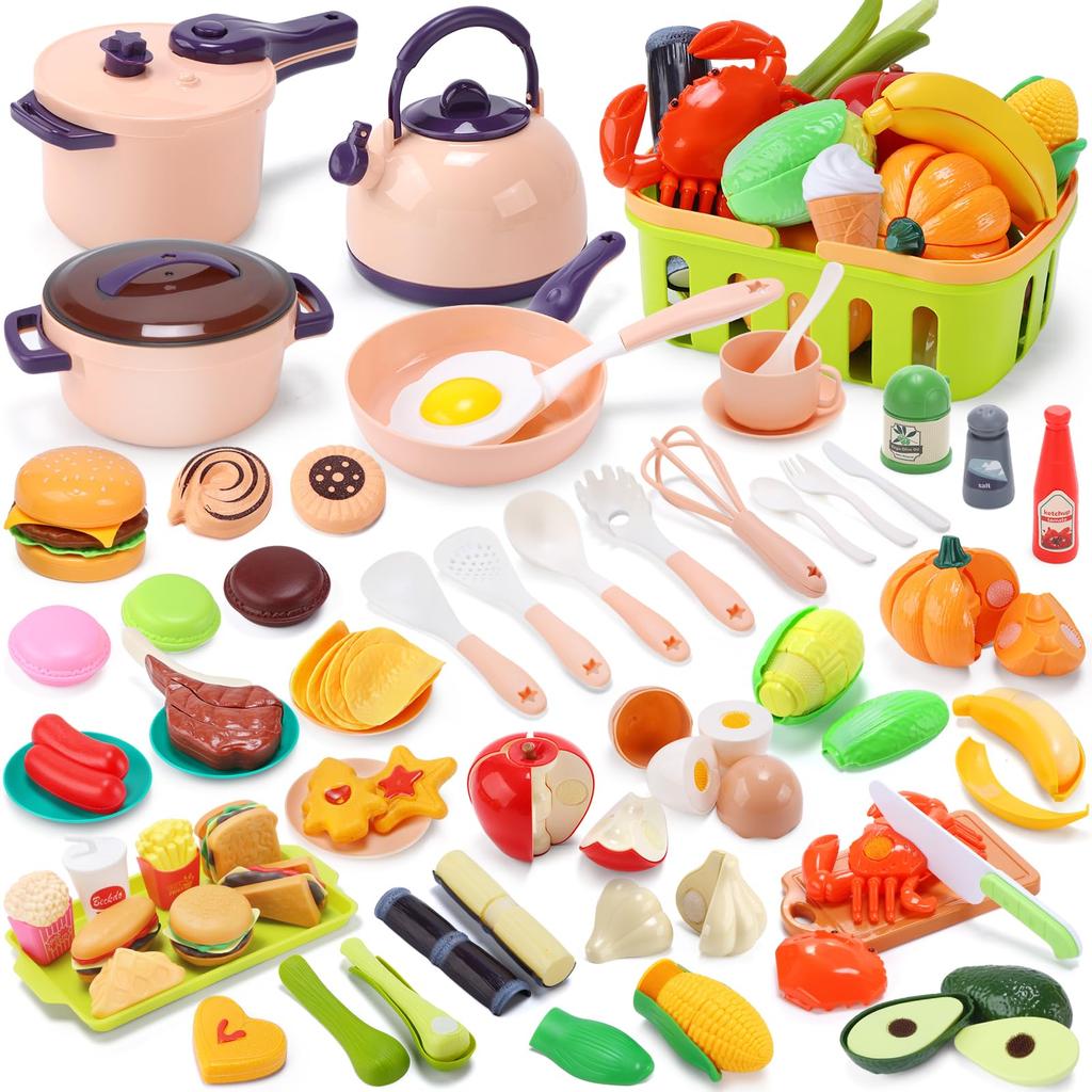 Cute Stone 129-Piece Kitchen Toy Set with Storage Basket, Educational Toy, DIY, Cuttable Food Items (Vegetables, Fruits), Cooking Utensils, Pretend