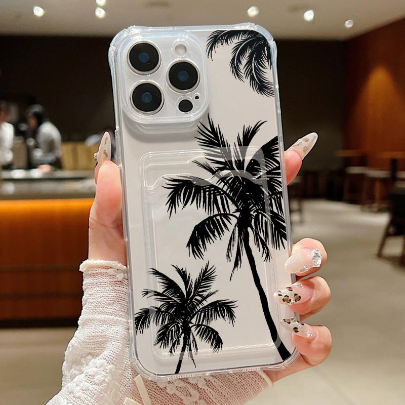 

Для iPhone 16 Pro Max 16E 15 14 Pro 13 12 11 чехол с принтом кокосовой пальмы и карманом для карточек, мягкий силиконовый защитный чехол для линз, противоударный прозрачный тонкий чехол для телефона iPhone 11 прозрачный