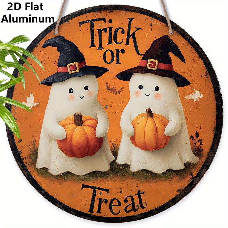 

2D Flat Aluminium Retro Halloween Sign with Adorable Ghosts Pattern - Trick or Treat Figurine Ornaments - Ideal for Front Door, Wall, Porch, Window 7.87×7.87inch