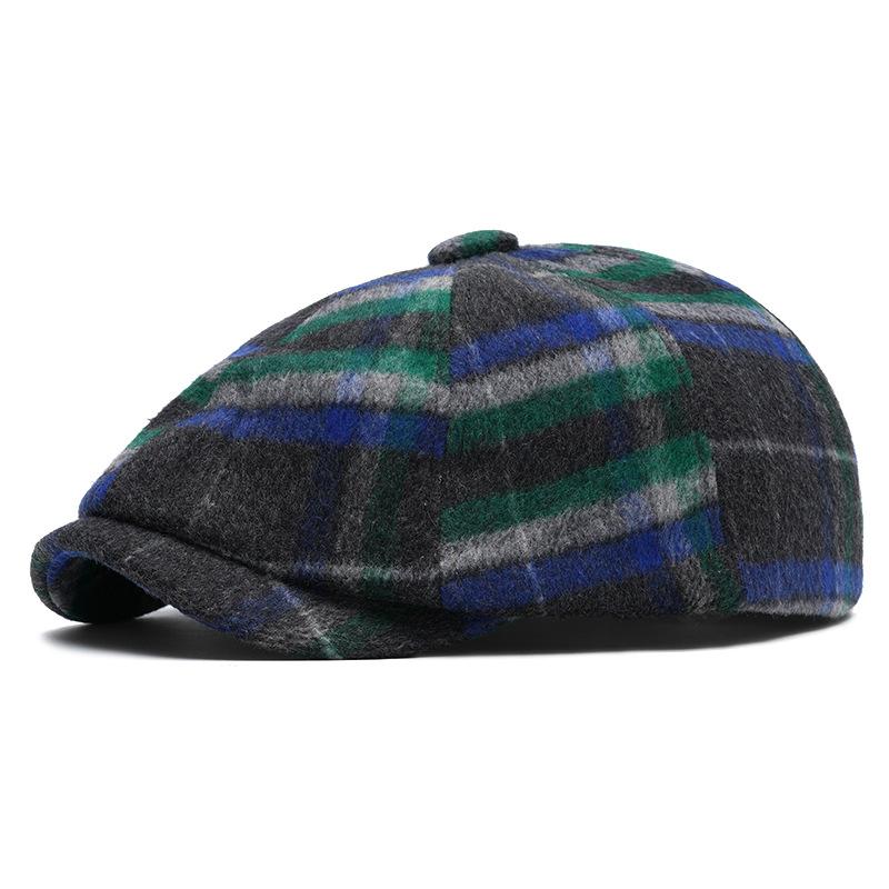 Color Check Octagonal Cap Men Women Autumn Winter Wool Warm Forward Cap British Newsboy Cap Beret