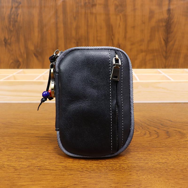 

New Vegetable Tanned Leather Handmade Old Top Layer Cowhide Key Bag, Men s and Women s Universal Zipper Card Bag, Large Capacity Key Bag чёрный