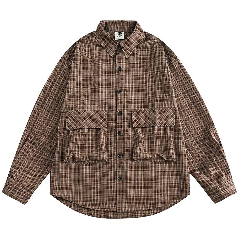 Japanese-Style Retro Large Pocket Plaid Long-Sleeved Shirt Men and Women Vintage Multi-Pocket Couple Contrast Color Shirt Coat