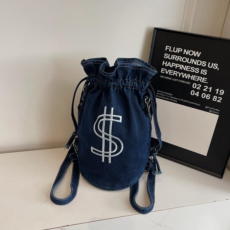 Embroidered Drawstring Bucket Bag Women's Denim Multi-Purpose Shoulder Bag