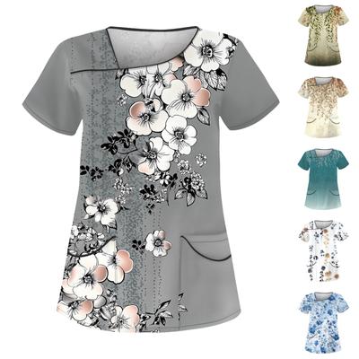 Women's Casual Print Short Sleeve Sloping Collar Workwear Top With Double Pockets