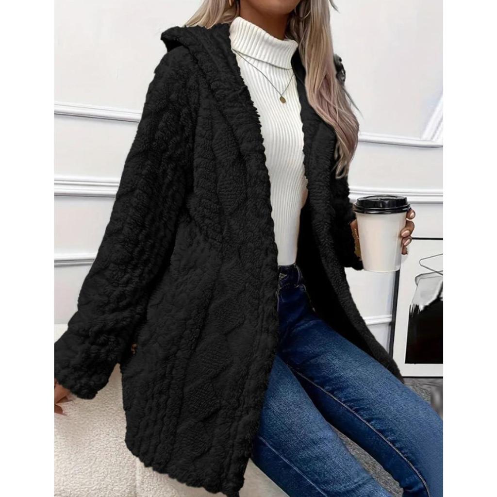 Autumn and Winter Women's Hooded and Velvet Jacket, Double-sided Velvet Cardigan, Long Sleeved Casual Warm Jacket