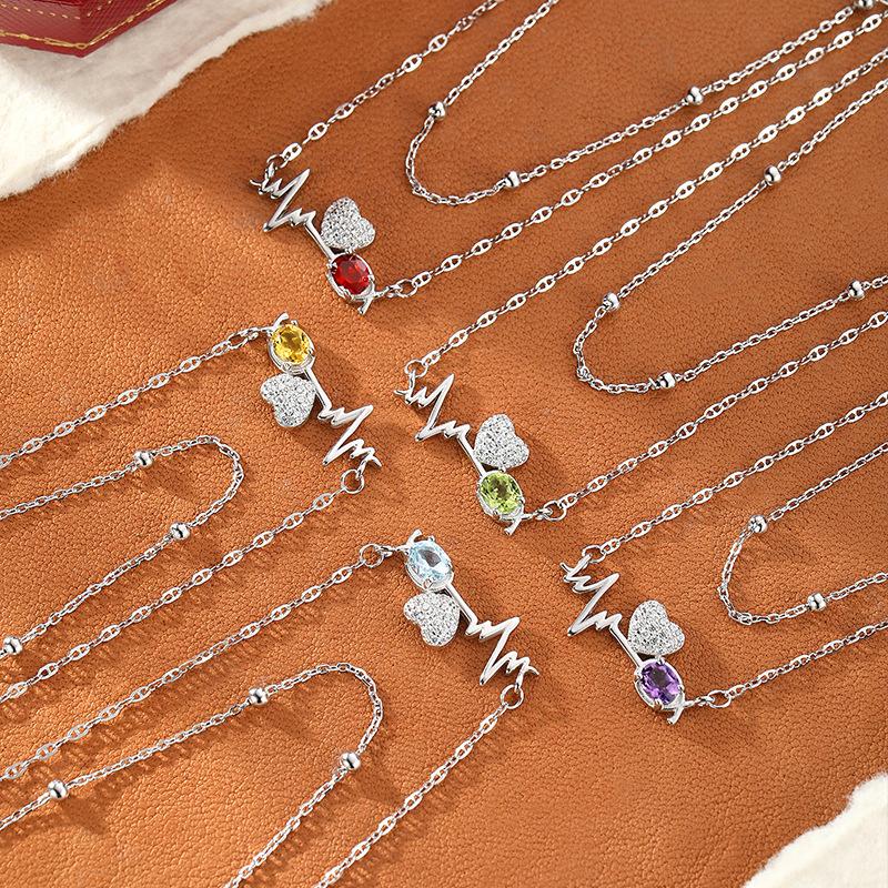 Wind natural crystal stone temperament sense crystal heart beating collarbone chain s925 sterling silver heartbeat necklace women's fashion gift