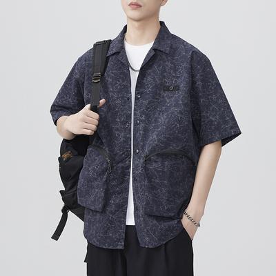New Japanese Retro Summer Zipper Design Lapel Short-sleeved Shirt Loose and Casual