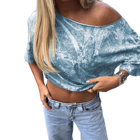 

Женская футболка с косым вырезом, коротким рукавом, эластичная, удобная, с асимметричным плечом, с принтом, обычного кроя, сексуальные топы, для повседневной носки S синий
