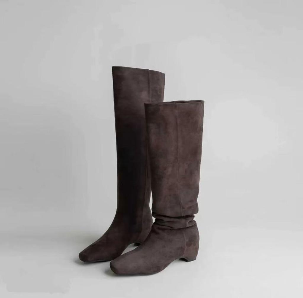 Cowhide version~ inner height increase 5cm French retro square head boots women's thick heel versatile fashion thin boots and knee boots