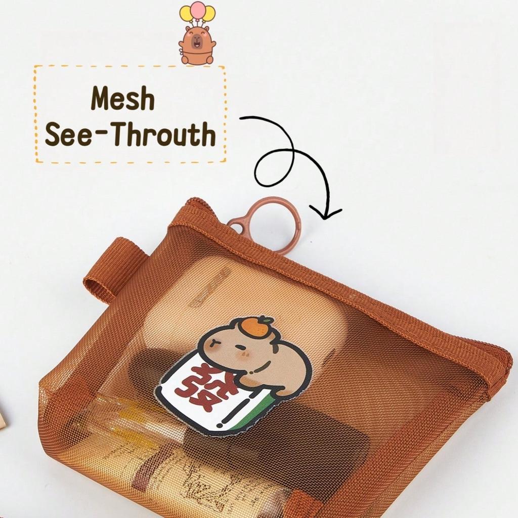 Mini Capybara Mesh Pencil Storage Bag Portable Transparent Pouch for Pens Erasers Cartoon Design Simple Pocket Organizer A7777