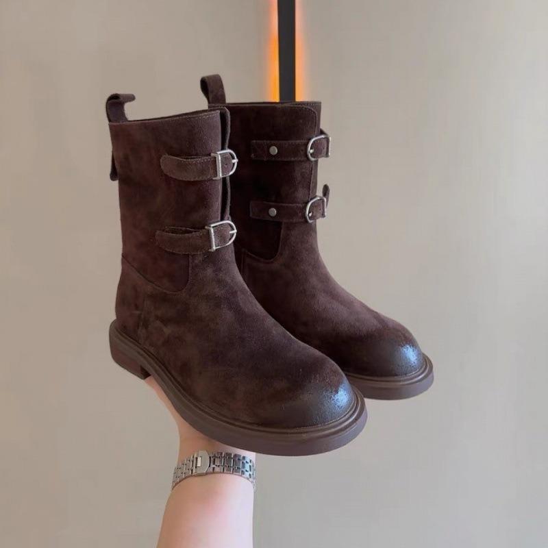 Sheepskin Version~ Retro Polished Belt Buckle Western Cowboy Boots Slim Short Boots Women's Maillard Martin Boots Locomotive Boots