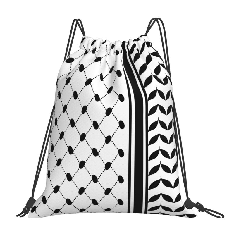 Palestine Flag Drawstring Backpack Kufiya Hatta Lightweight Foldable Sport Gym Sackpack Women Men Portable Sacks for Training