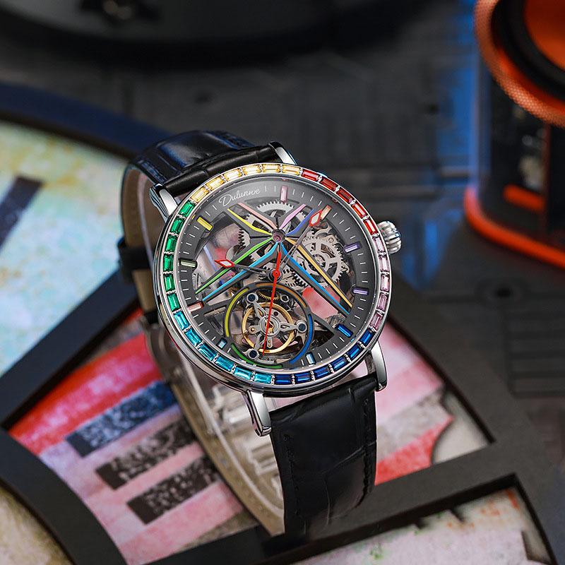 New Hollowed Out Fully Automatic Mechanical Watches for Men Fashion Color Diamond Stainless Steel Luminous Waterproof Watch