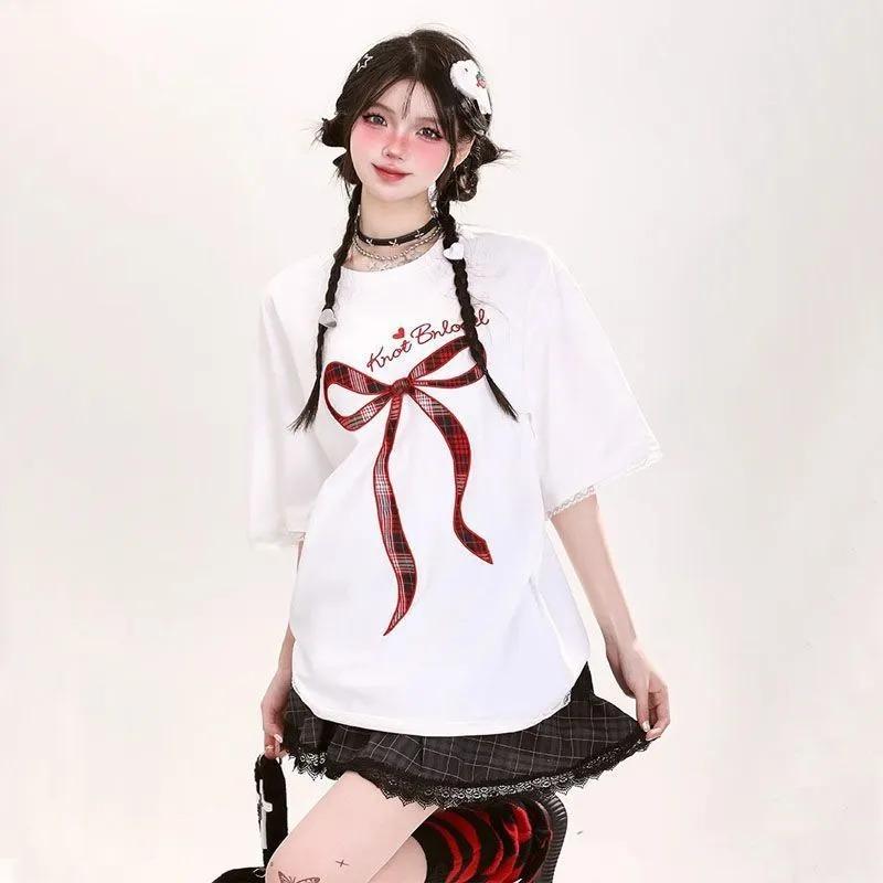 

Womens White Plaid Bow Print Casual Short Sleeve T Shirt M белый