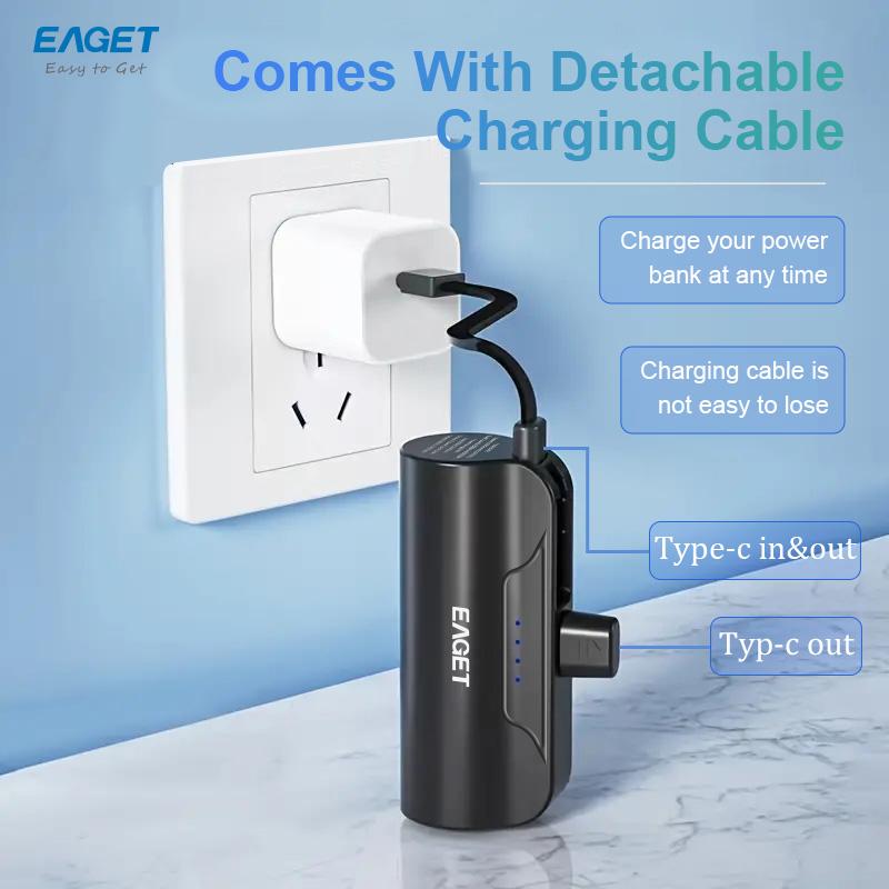 EAGET Portable Power Bank 5000mAh Mini pocket Mobile phone Charger with Buit in Cable Dual Por Type-C for 15 pro/15 Pro Max Android Phones.