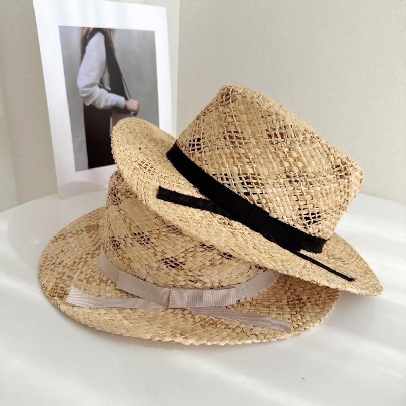 Bohemian Braided Satin Ribbon Flat Top Hat Summer Sun Protection Straw Hat French Country Shade Beach Hat Trendy