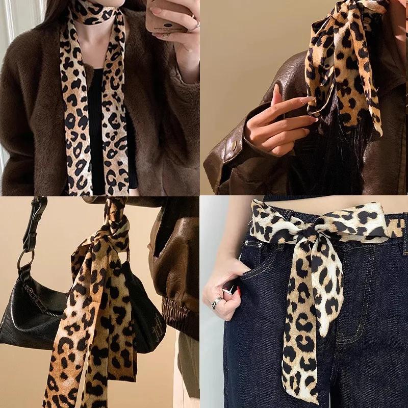 Leopard Small Long Silk Scarf Belts for Women Chiffon Strap Winter Warm Windproof Y2k Irregular Scarf Waste World Punk Party