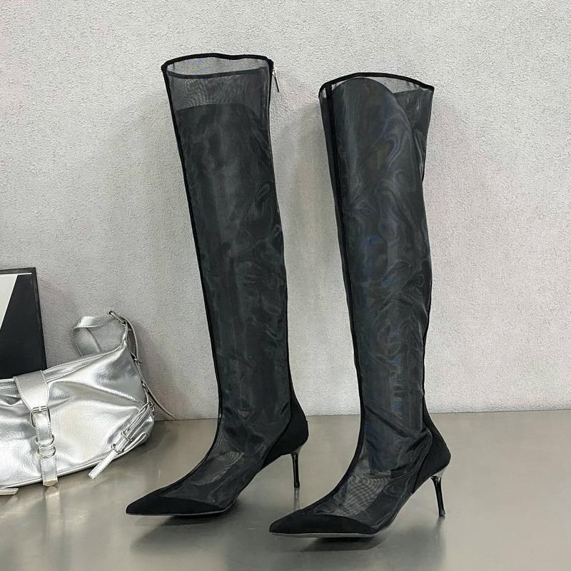 Fashion Eilyken New Design Mesh Pointed Toe Women Over The Knee Boot Sandals Fashion Zipper Thin High Heels Party Prom Shoes